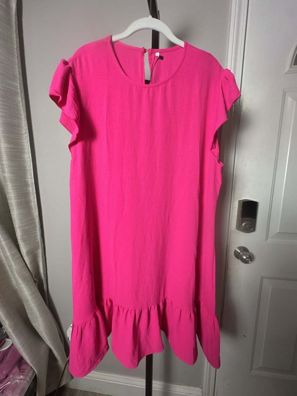 Fashion Women's Hot Pink Flutter Sleeve Ruffle Hem Mini Shift Dress#970